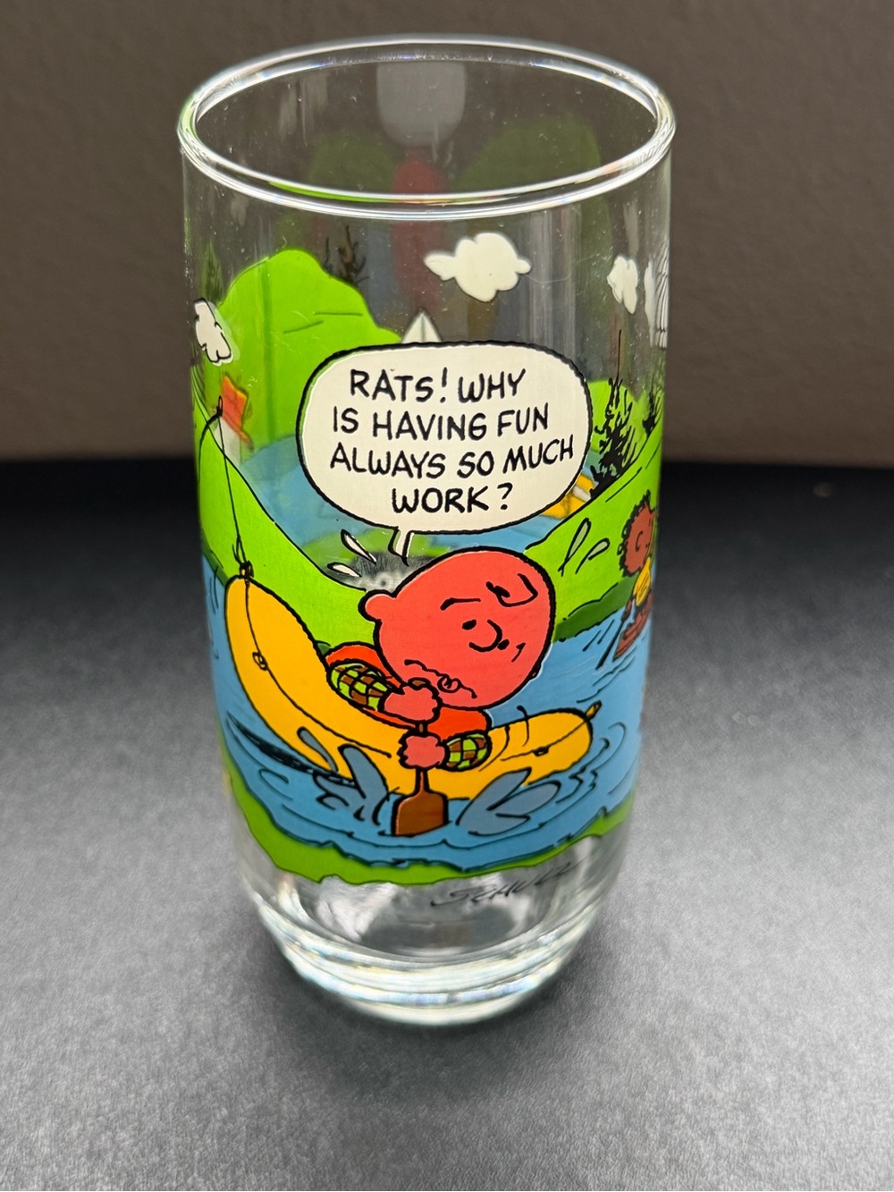 Vintage Camp Snoopy Glass Tumbler - Charlie Brown Rafting